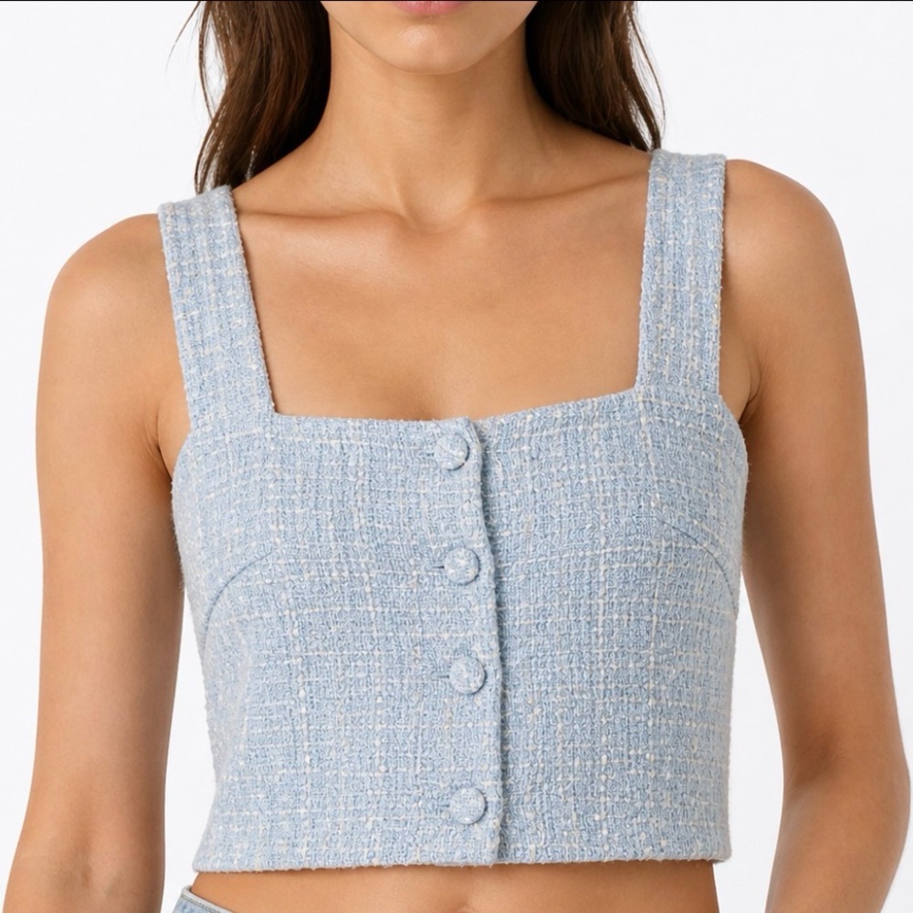 Jason Wu Tweed Top Light Blue Cropped Sleeveless Button Front Size 10